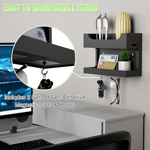 Miniatura 5 de NiHome Organizador de accesorios de mesita de noche de madera montado en la pared, estante de almacenamiento de pared de doble bandeja con ganchos