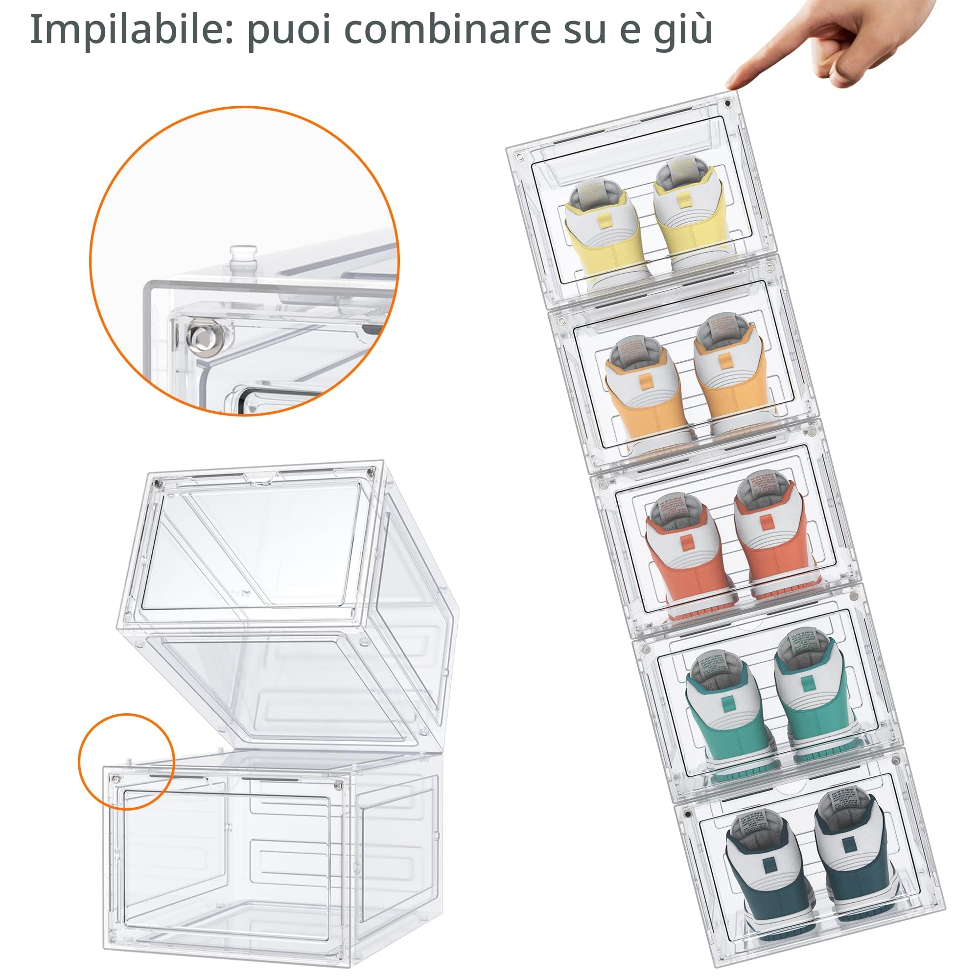 HOMIDEC 6 pcs Scatole per Scarpe,Scatole Portascarpe in Plastica Trasparenti impilabili, Contenitori Portascarpe con Coperchi per donna/uomo (35x25x18.7cm)
