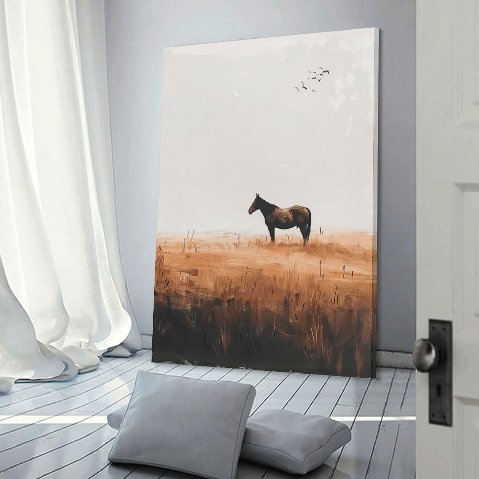 Junmoney Frame-Style-12 Decorative Wall Artwork Lone Horse In Field, 24X36inch(60X90cm), For New Homes, Bedrooms Or Workspaces, Canvas Artwork With Gifting Potential