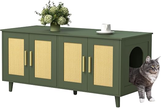 Homhedy Boho Cat Litter Box Enclosure for 2 Cats, Wooden Cat Washroom Furniture with Double Rattan Decorated Doors, Pet House,47.2L x 19.7W x 21.7H, Green