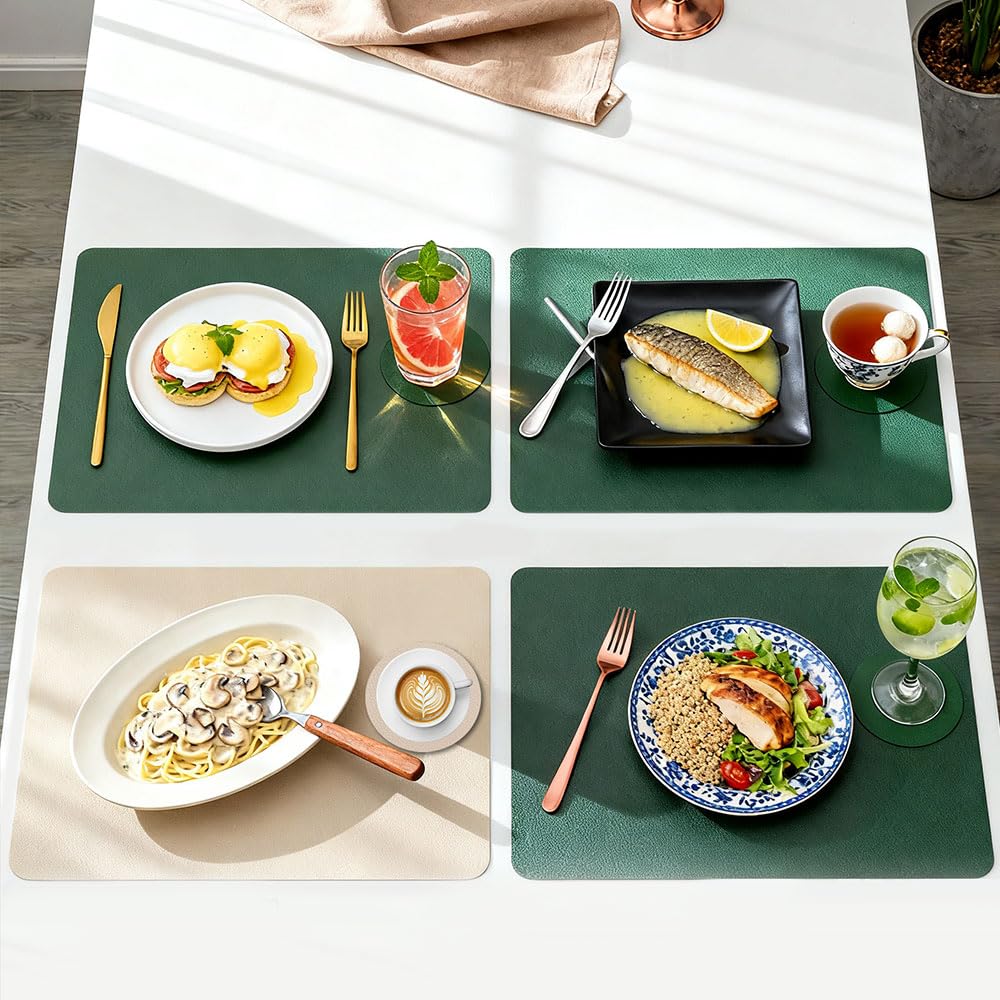 Set di 6 tovagliette e sottobicchieri-Tavagliette resistenti al calore lavabili, tovagliette in pelle a doppia faccia con design antiscivolo per cucina, casa, ristorante,verde+grigio