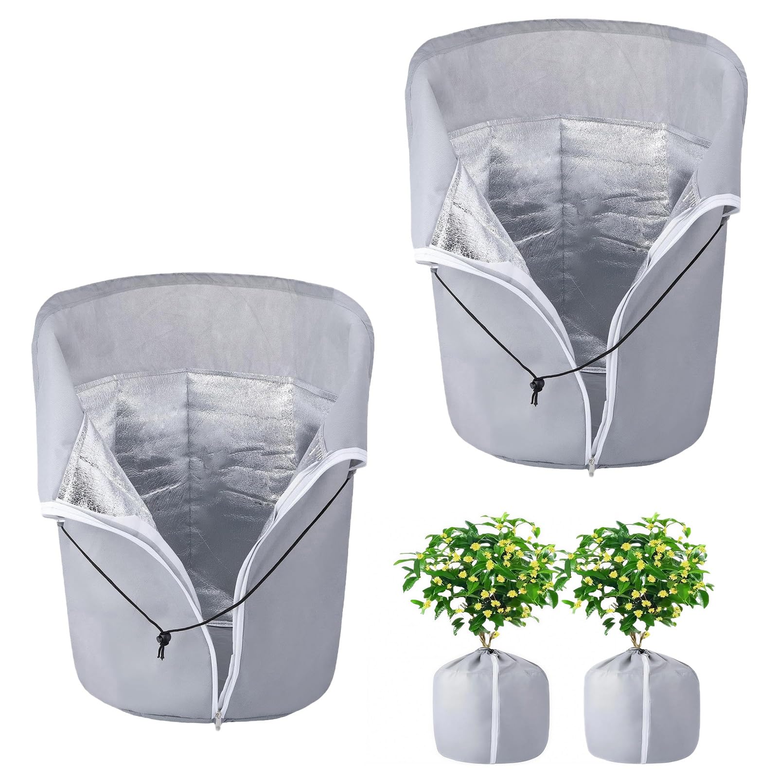 Cubiertas para plantas resistentes a las heladas para invierno, lámina de aluminio impermeable con cordón y cremallera, protección reutilizable para plantas al aire libre, paquete de 4 (45 x 70 cm)