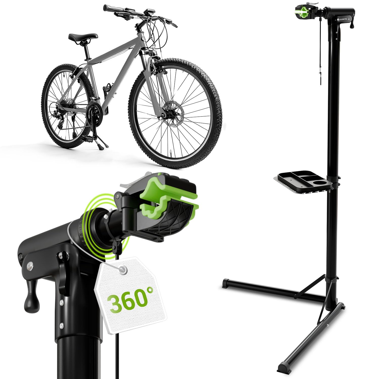 Juskys Pied d'atelier vélo pliable & réglable en hauteur avec revêtement en caoutchouc & étagère à outils, support de réparation pour vélos de 24 - 29 pouces, support de montage de vélo jusqu'à 50 kg