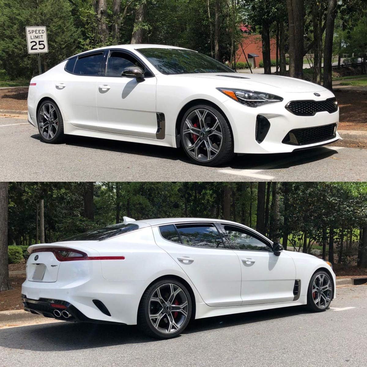 White Kia Stinger with Godspeed lowering springs installed, side view