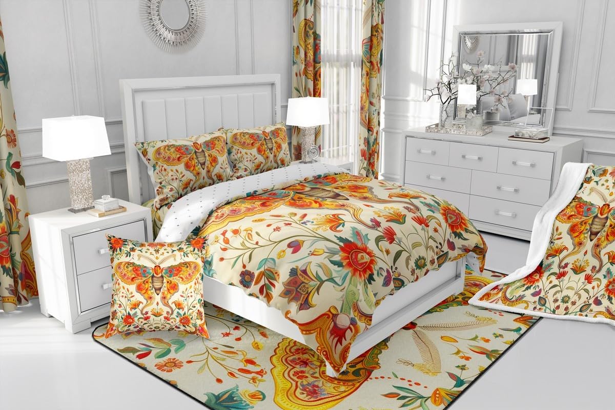 Castle Fairy Boho Butterfly Duvet Cover Set Toddler Size,Botanical Leaf Bedding Set for Kids Boys Girls Room Decor,Paisley Pattern Comforter Cover,Exotic Quilt Cover with 1 Pillowcase(No Comforter)