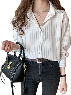 [TeMibery Lyric] ブラウス レディース シャツ - Vネック ストライプ おしゃれ 長袖 トップス カジュアル オフィス ワイシャツ 大きいサイズ ファッション ゆったり 可愛い カットソー エレガント シンプル 着痩せ 通勤 春 秋 韓国