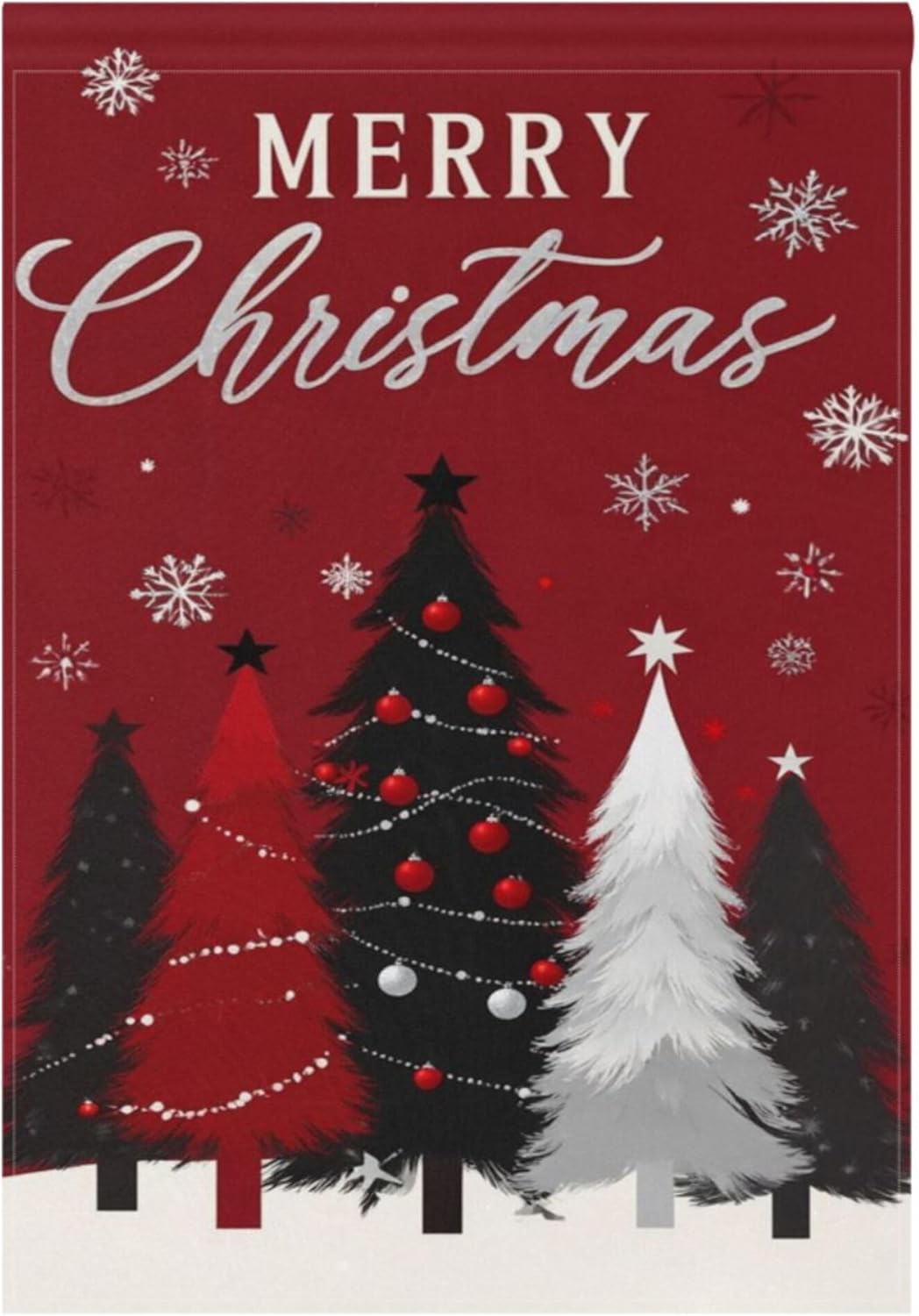 Merry Christmas Tree Red House Flag 28x40 Inch Double Sided Outside Winter Silver Snowflake Xmas Bells Seasonal Yard Outdoor Flag Banner for Garden Lawn Patio Holiday Decorations
