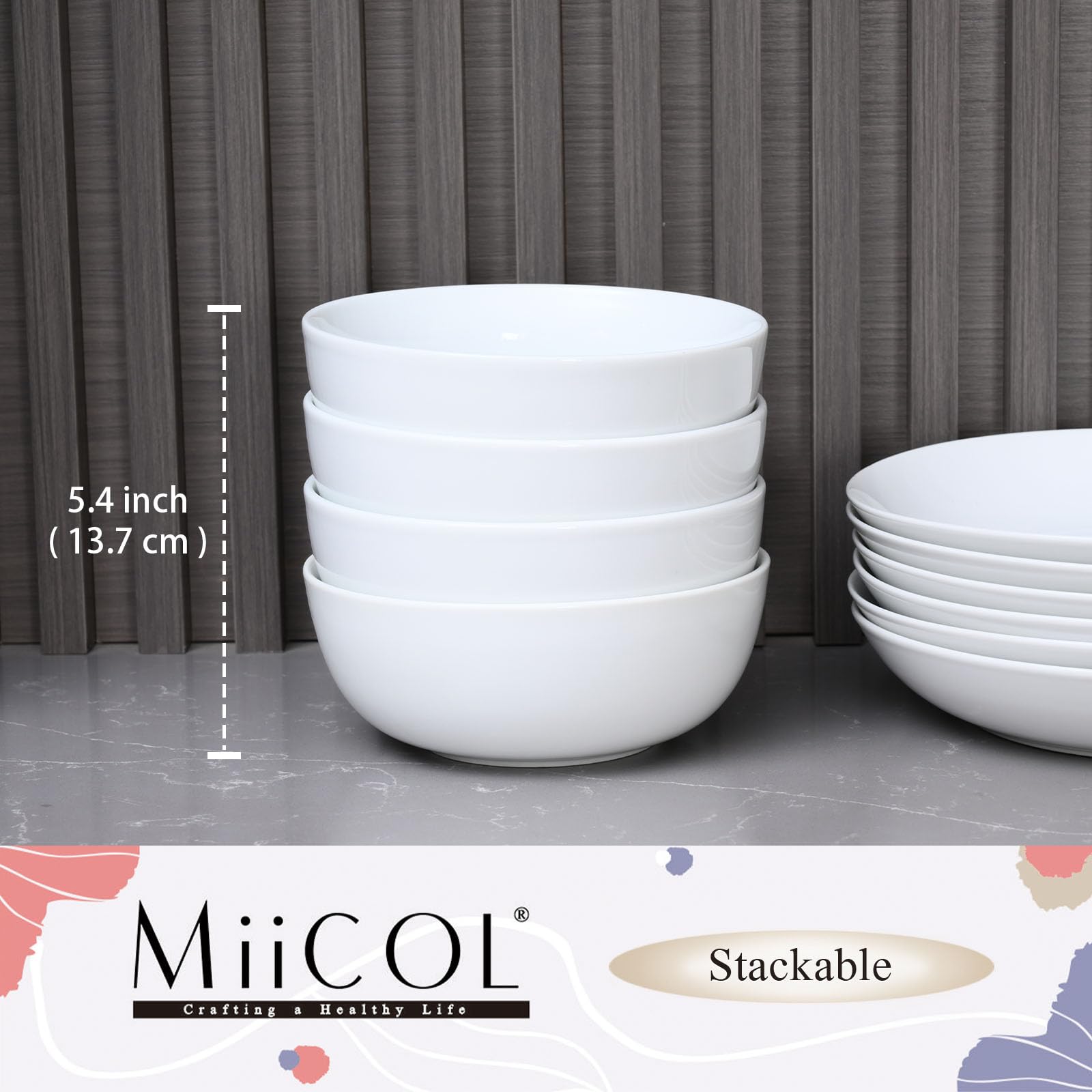 Miicol Ensemble de 4 Bols à Petit-Déjeuner en Céramique, Bols à Soupe Blancs 600 ml, Bols Empilables de 15 cm pour Céréales, Idéals pour Desserts, Salades, Riz ou Fruits