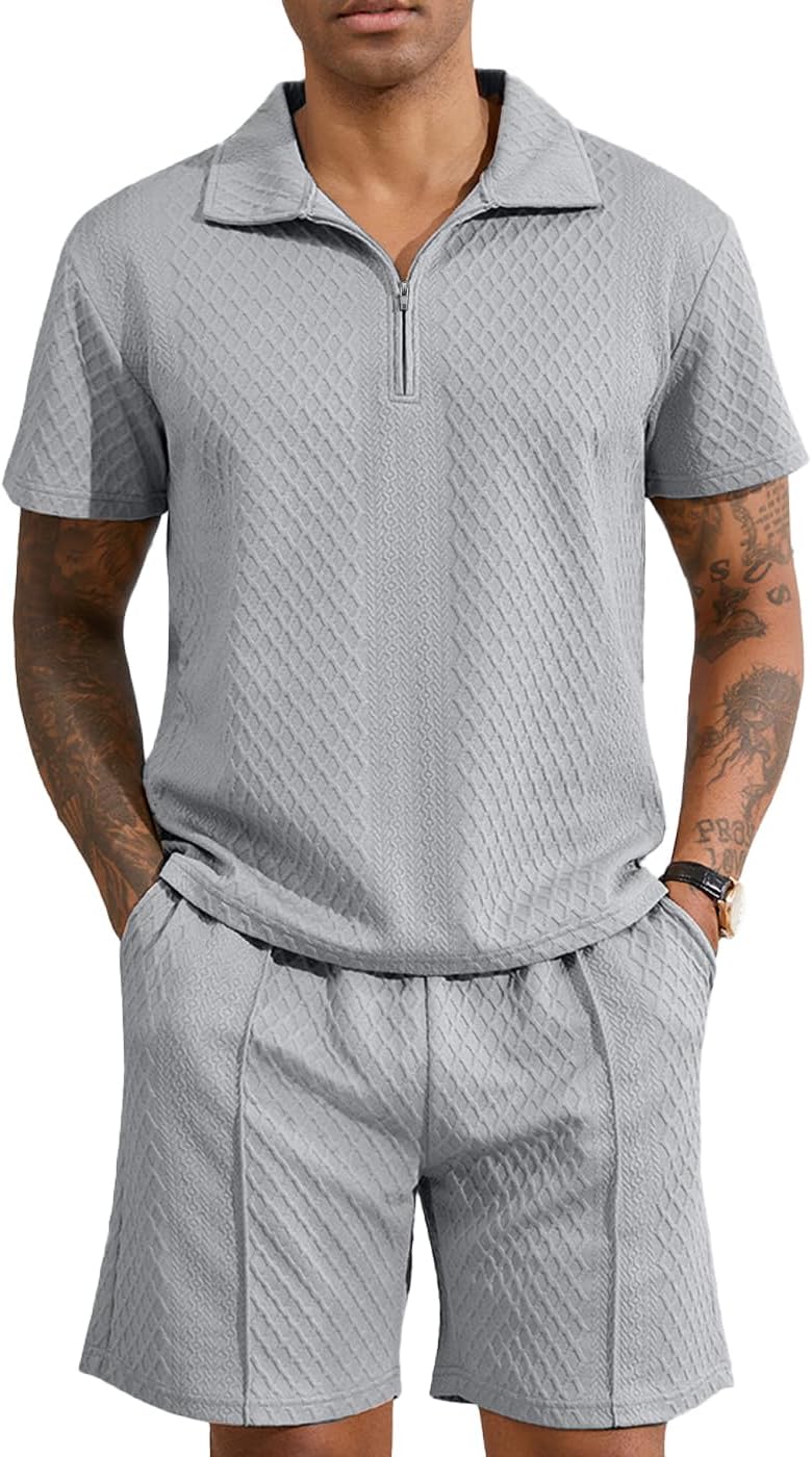 Wizoat Mens 2 Piece Short Set Casual Textured Quarter Zip Polo Shirt and Shorts Summer Outfits
