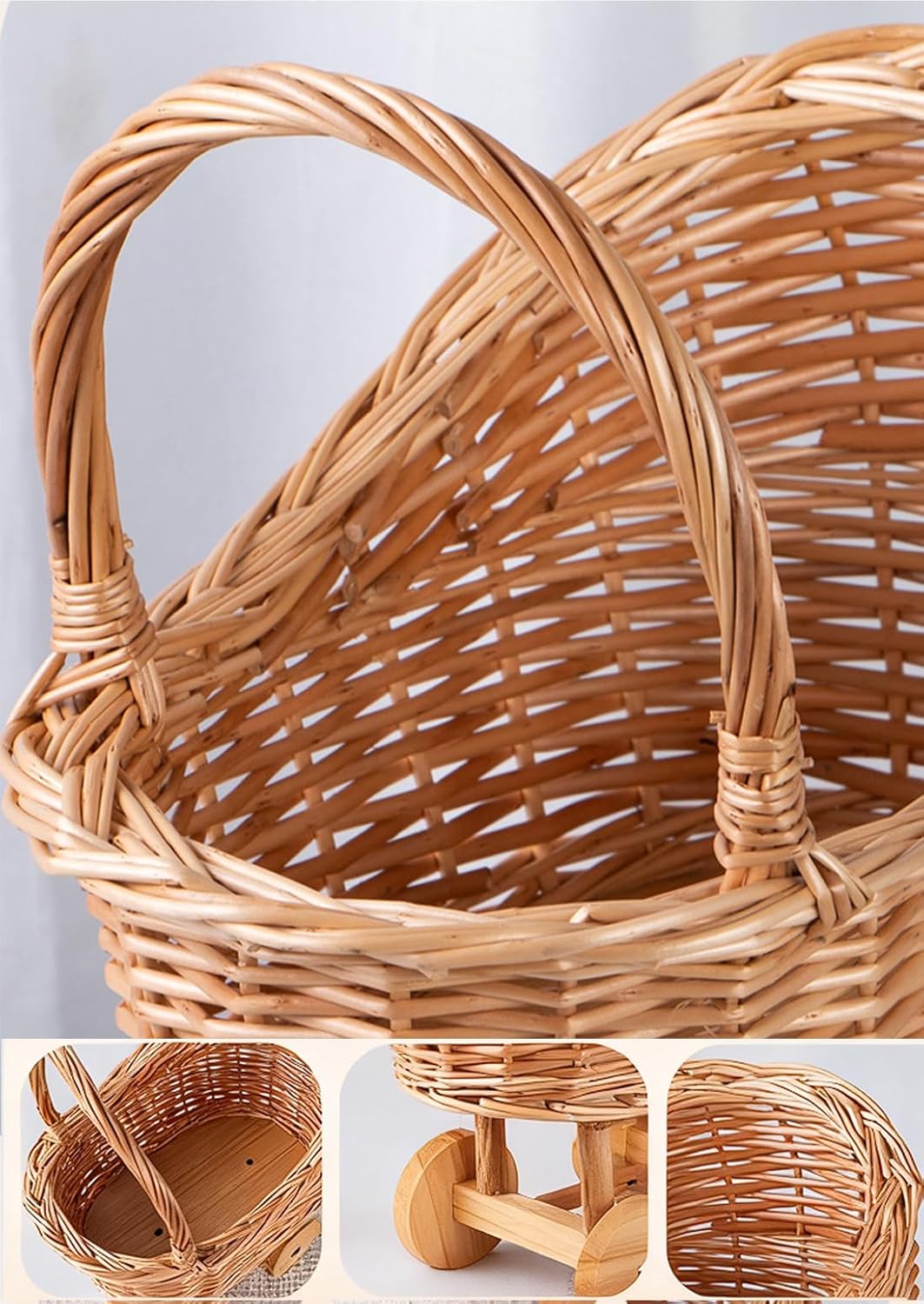 Woven Rattan Stroller Shaped Flower Basket, Vintage Wicker Baby Carriage Planter for Floral Arrangements, Baby Shower Wedding Party Decor Centerpieces for Tables, Floral Rustic Home Decor (Small)