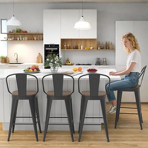 Miniatura 6 de Juego de 4 taburetes de bar giratorios de 24 pulgadas, taburetes de bar industriales con patas de metal resistentes, taburetes de bar con respaldo