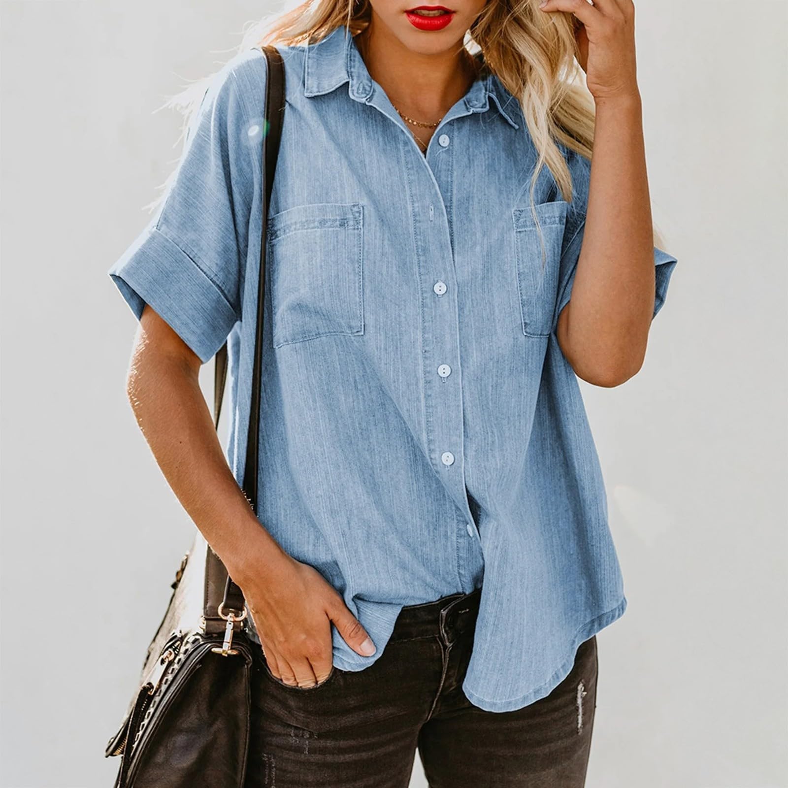 Generico Camicia da Donna A Maniche Corte con Colletto - T-Shirt Casual