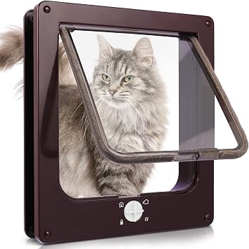Sailnovo Cat DoorOuter Size 9.25" x 10.62", Rotary 4-Way Facile Locking for Interior Exterior Door, Quiet,Weatherproof Pet Doors, ABS Material,Install Easy with Telescopic Frame,Brown,Upgraded