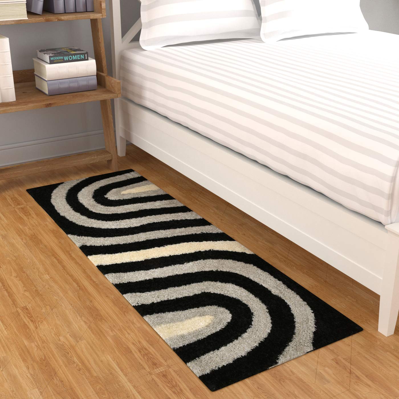 TIB Shaggy Bedside Runner Carpet – Soft Hallway & Bedroom Rug for Living Room, Dining, Office (Zebra-Black)
