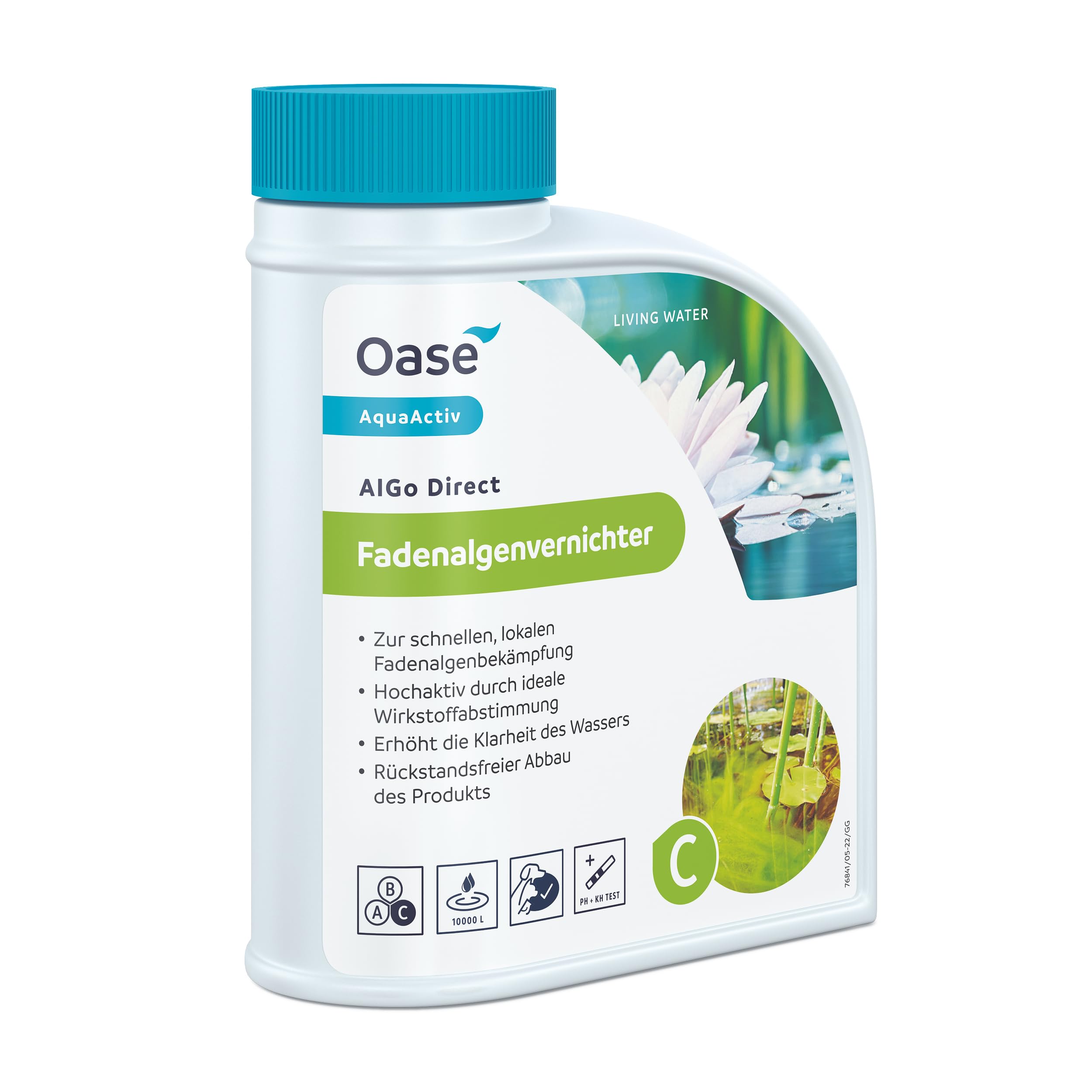OASE 43139 AquaActiv AlGo Direct Fadenalgenvernichter 500 ml - biologische Teichpflege ideal gegen Fadenalgen im Teich Gartenteich Schwimmteich Fischteich Koiteich, Silber