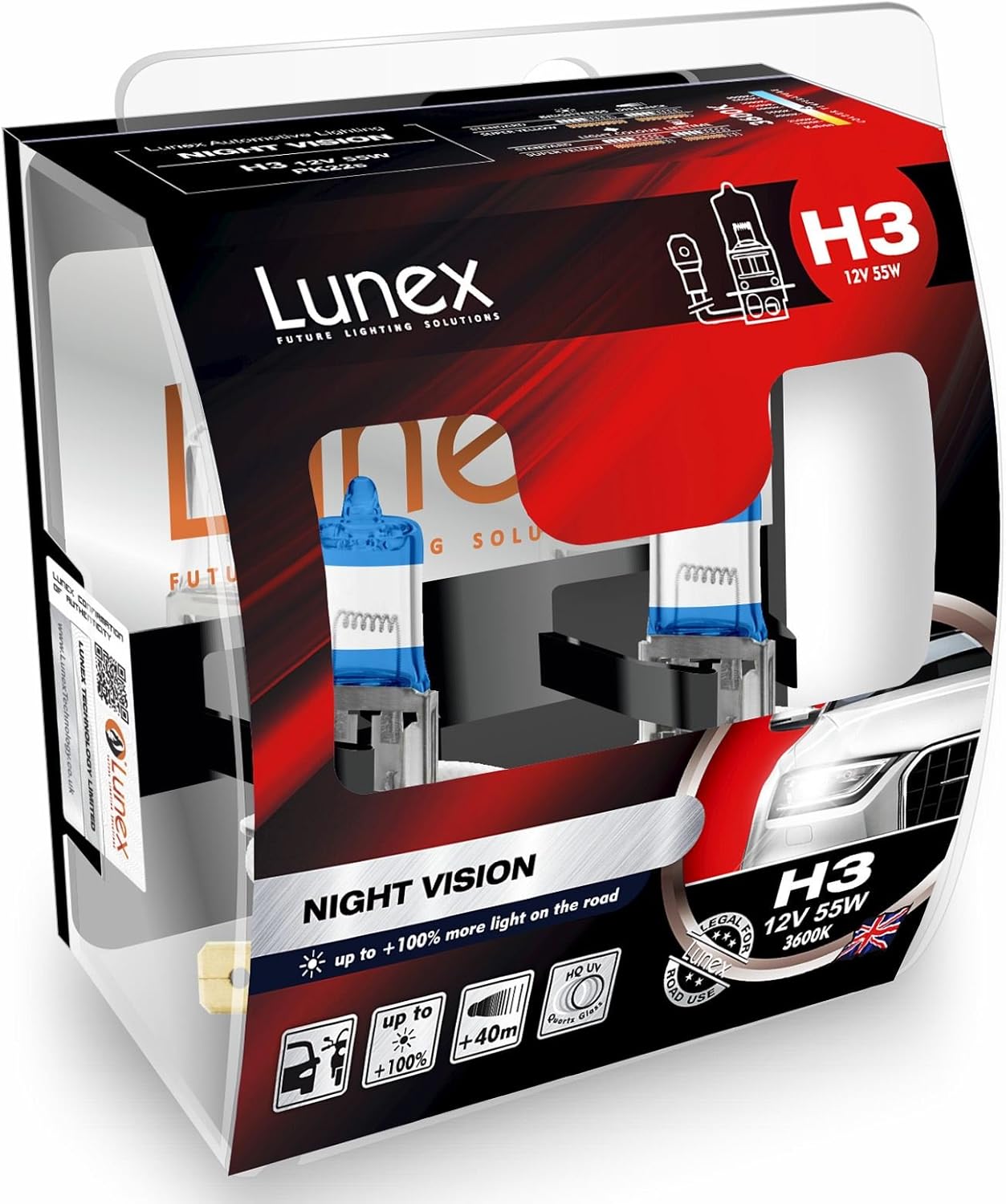 LUNEX H3 NIGHT VISION 453 Headlight Halogen Bulbs 12V 55W PK22s + 100% more light 3600K duobox (2 units)