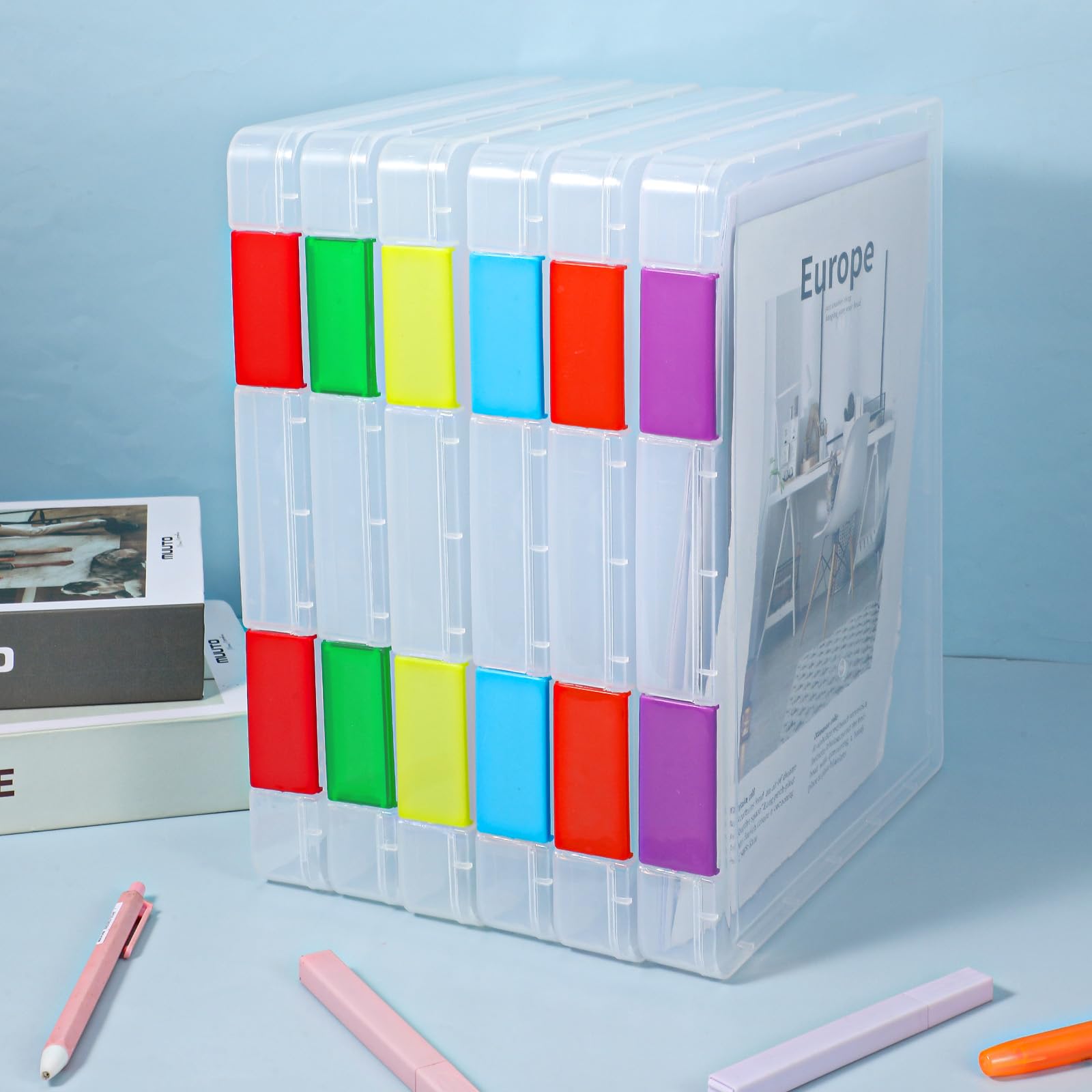 Transparente A4-Aktenbox für Dokumente, Kunststoff, Brettspiel, Aufbewahrungsbehälter, Zeitschriftenschutz, Aktenhalter mit Schnalle, bunt, 32 x 24 x 3 cm, 6 Stück