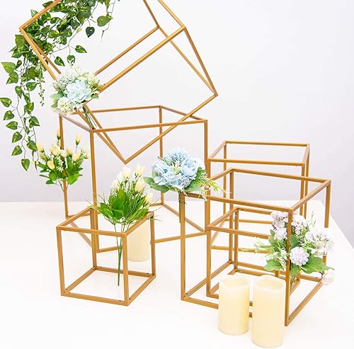 Miniatura 5 de 2 soportes cuadrados geométricos de metal mate dorado de 12 pulgadas de alto, soportes para floreros, bodas, fiestas, hogar, eventos, centros de mesa