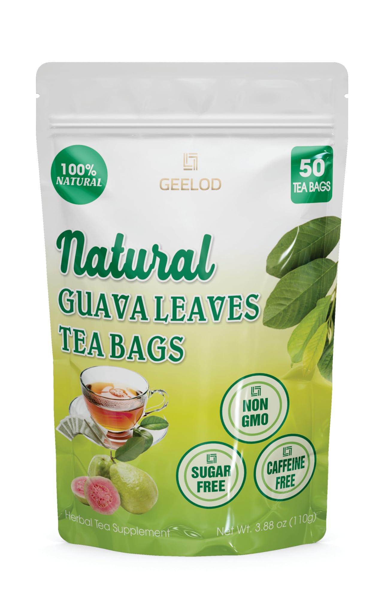 50 Premium Guava Leaf Tea Bags, 100% Natural and Pure. Loose Leaf Guava Herbal Tea, No Sugar, No Caffeine, No Gluten, Vegan.