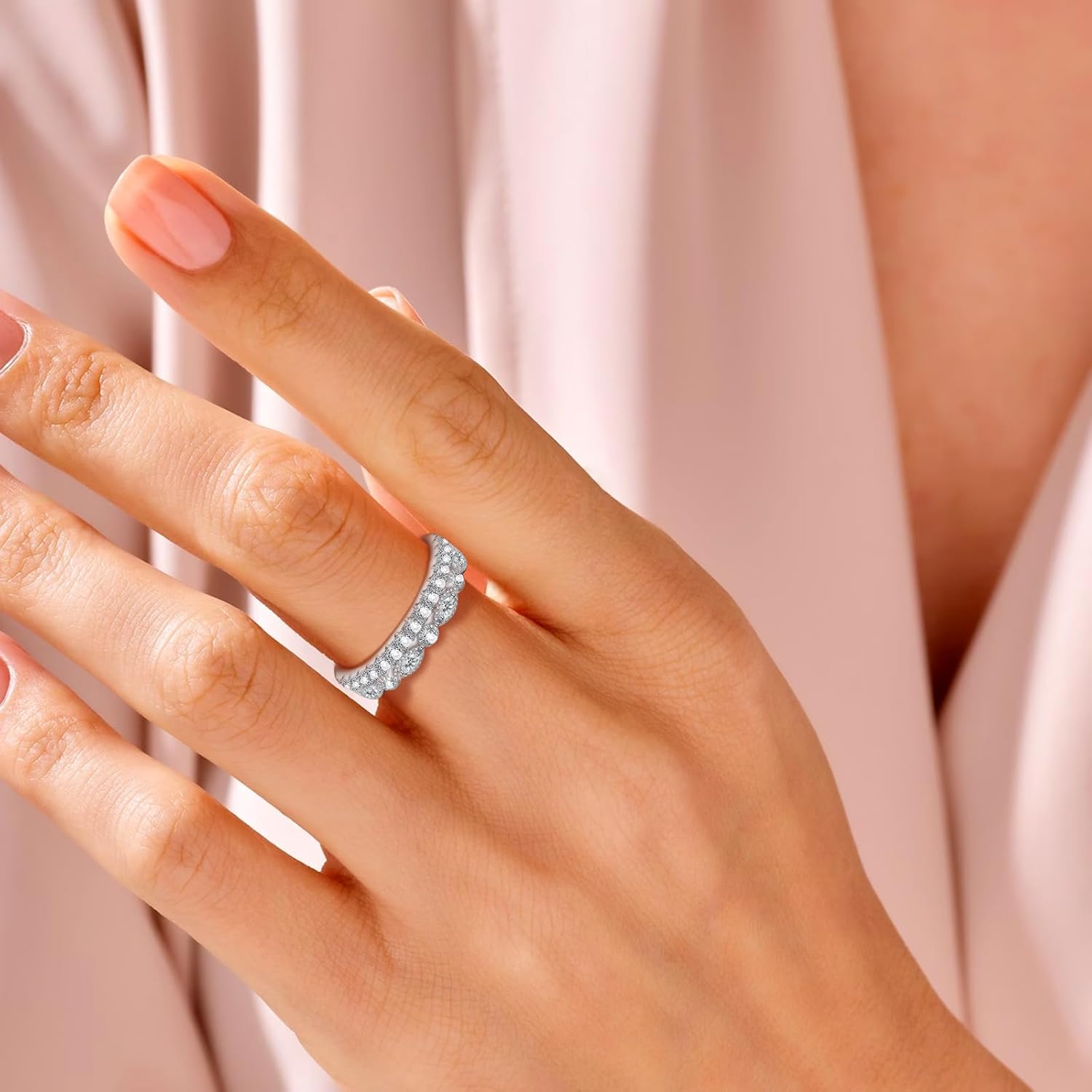 Moissanite Wedding Band 2 Row Half Eternity Ring 925 Sterling Silver D Color VVSI Clarity Imitation Diamond Rings Moissanite Engagement Anniversary Stackable Ring for Women Size 5-9 - Image 5