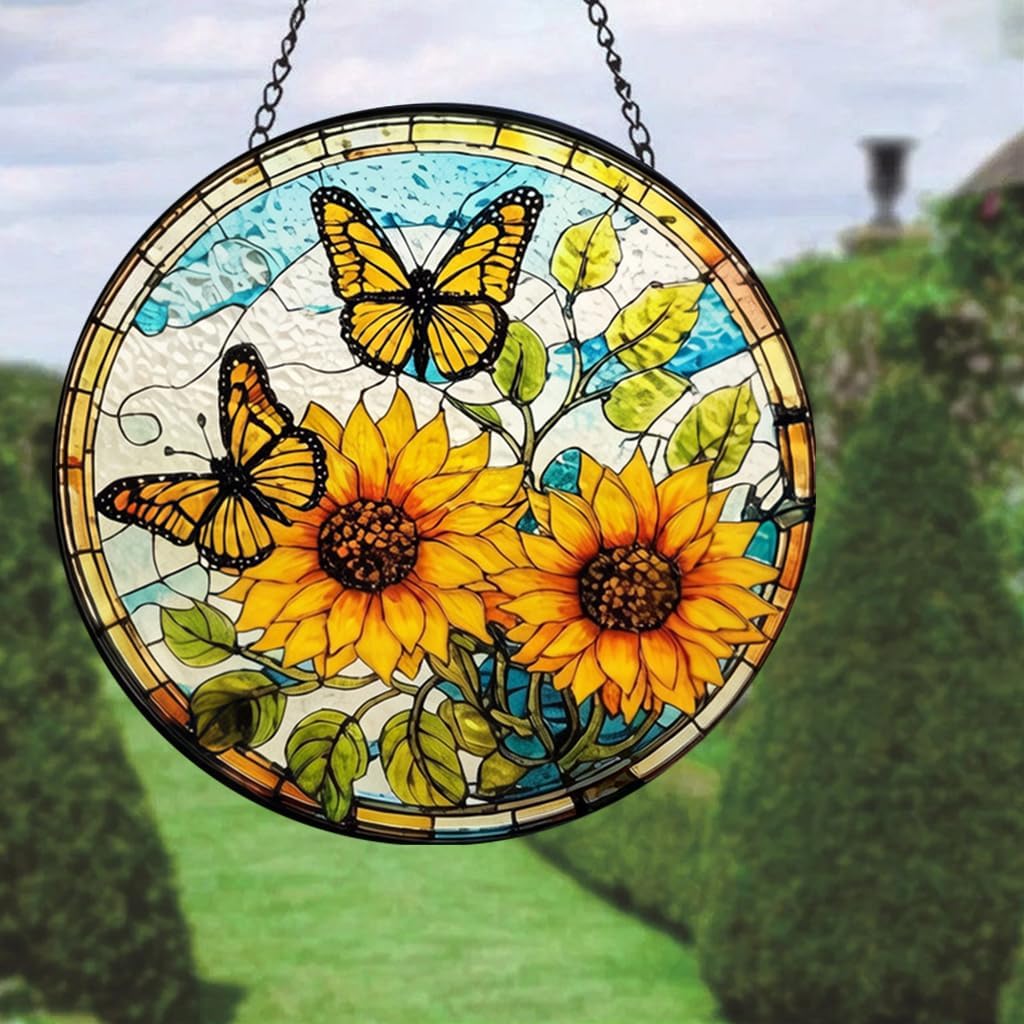 HOTIYOK Sunflower and Butterfly Stained Glass Window Hanging, Round Stain Glass for Kitchen Indoor Decorations Gifts for Women Grandma Teacher Nature Lovers
