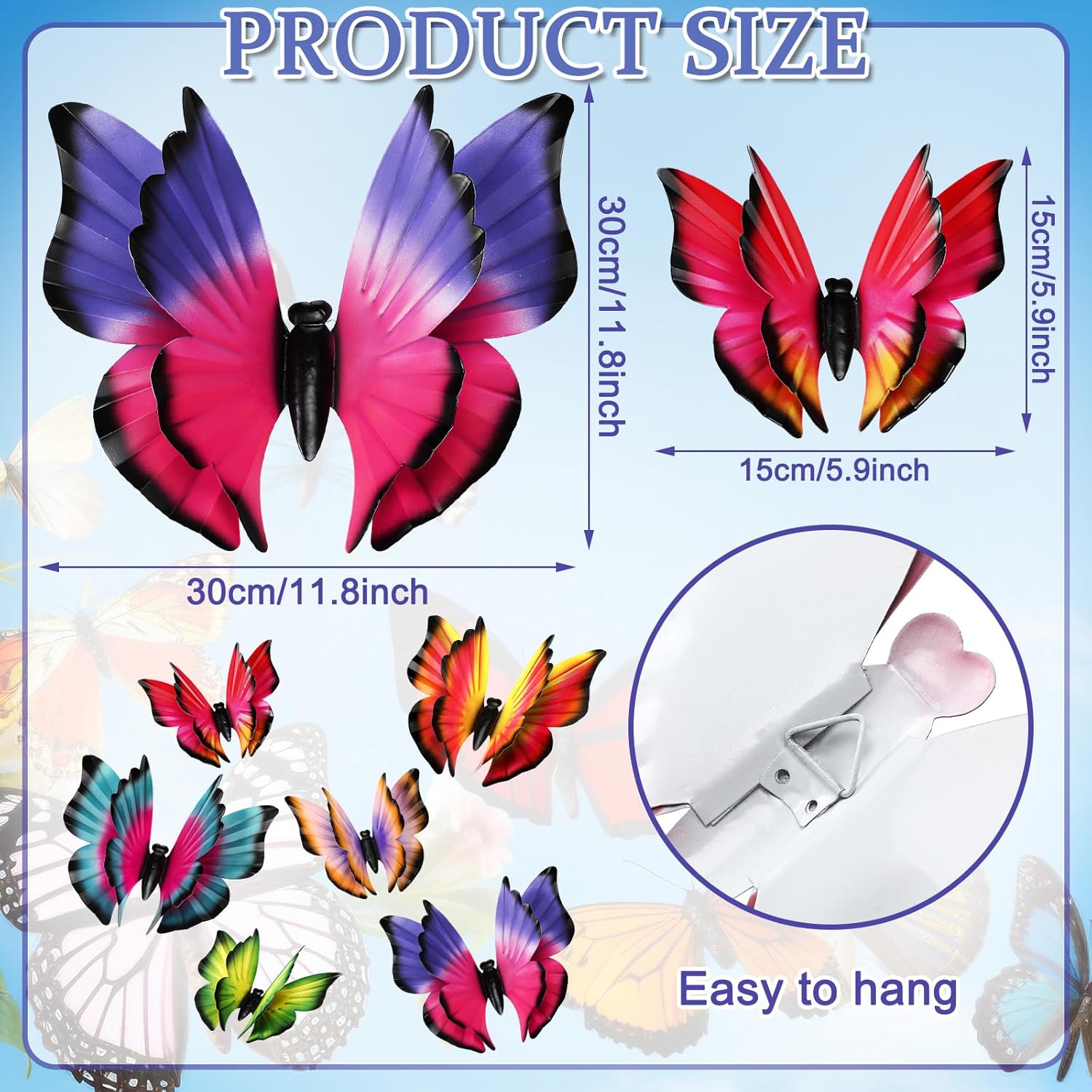 Briwooody 6 Pcs 3D Large Metal Butterfly Wall Decor- 11.8" 5.9" Double Layer Butterfly Outdoor Fence Art Decor Sculpture Wall Hanging Decorations with Hook for Yard Patio Living Room Garden Balcony