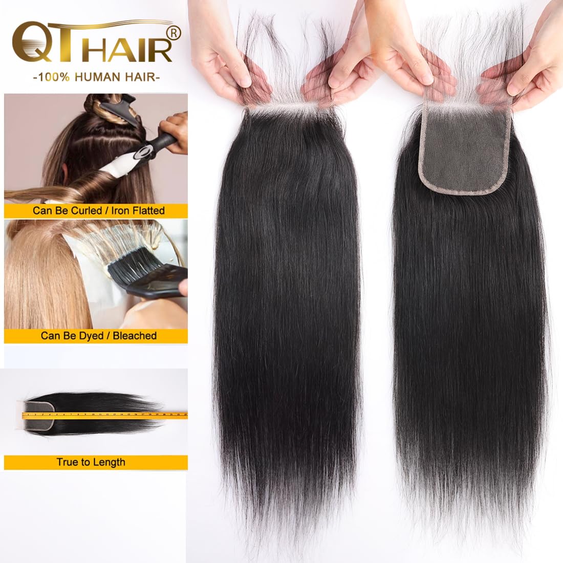 QTHAIR Virgin Straight Hd Lace Closure (20inch) 18A 4x4 Straight Closure Free Part 150% Density Swiss Lace Natural Color Human Hair Closure Pre Plucked with Baby Hair