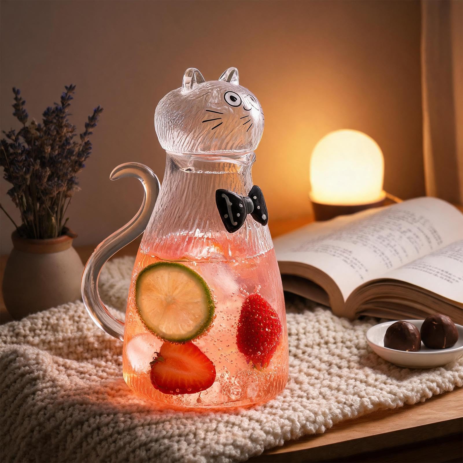 Wasserkrug aus Glas mit Deckel 1,8 Liter Katzen-Getränkebehälter mit Henkel | -Kanne für Kühlschrank, Küchenarbeitsplatte, Esstisch, Wohnzimmer, Büro, Party, Outdoor, Camping und Picknick