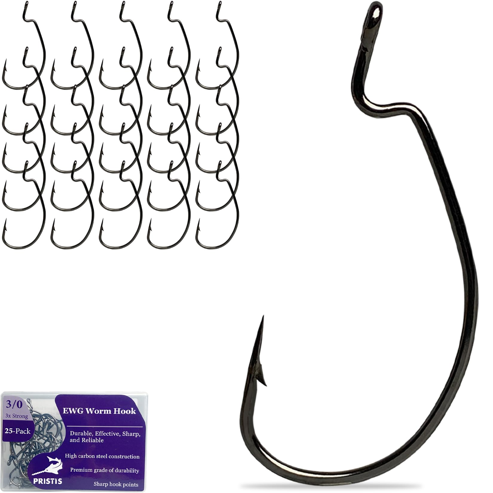Pristis EWG Wurmhaken, Hartstahl, Schnabel-Offset-Angelhaken für Salzwasser, Süßwasser, Bulk-Angelhaken-Set Wurm, starke Widerhaken für Barsch, Zander, Moschus, Forelle, Wels, 25 Stück
