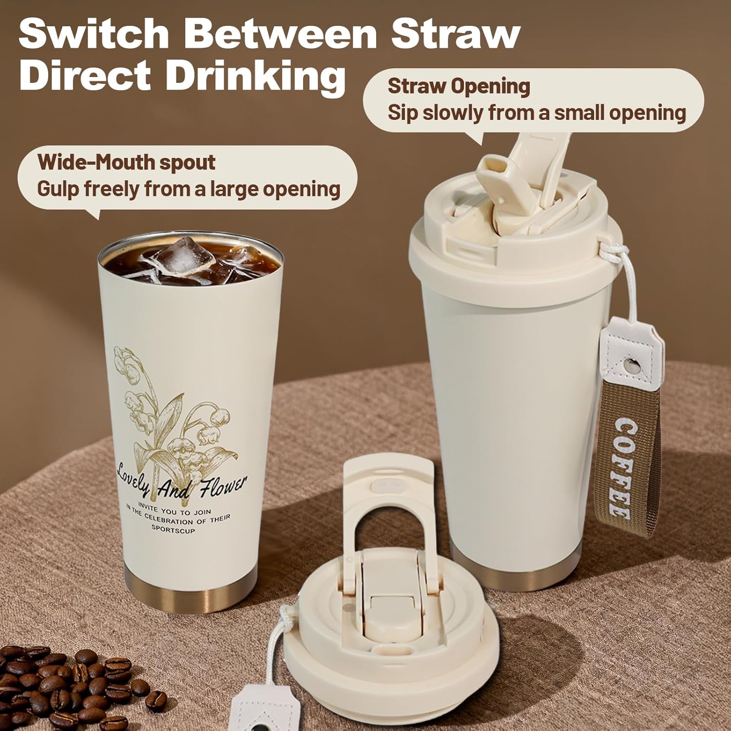 Insulated Coffee Tumbler 17.9oz 530ml Travel Coffee Mug 316 Stainless Steel Dual Drink Openings Leakproof Lid Reusable Insulated Coffee Mug Hot and Cold Ideal Travel Mug for Coffee Lover Daily - Image 4