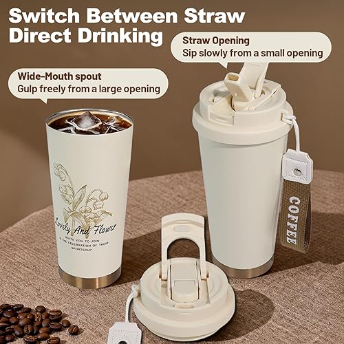 Miniatura 4 de Vaso de café aislado de 17.9 fl oz, taza de café de viaje de acero inoxidable 316 con doble abertura para bebidas, tapa a prueba de fugas, taza de