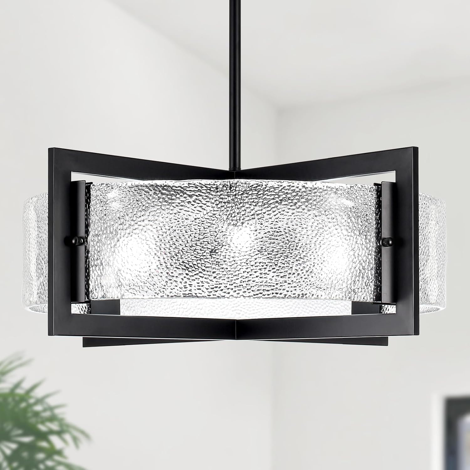 ALISADABOY Black Chandeliers for Dining Room Modern 23.62’’ Inch Large Chandeliers with Glass Shade Farmhouse 6 Light Drum Chandelier Light Fixture for Kitchen Island Hallway Entryway Living Room