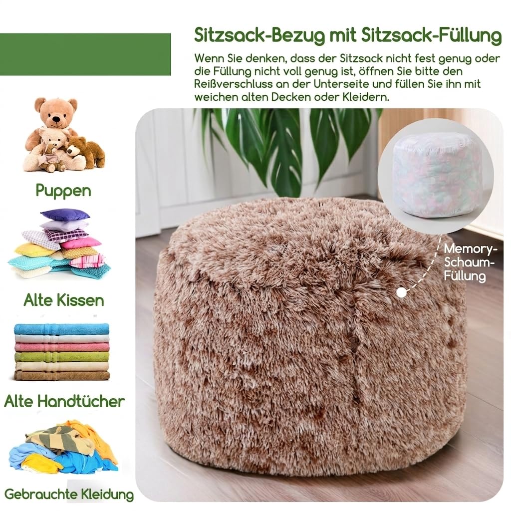HIGOGOGO Pouf rotondo imbottito in pelliccia sintetica a pelo lungo con imbottitura in schiuma espansa, poggiapiedi peloso con vano portaoggetti, 65 x 40 cm, pouf da pavimento per soggiorno, caffè