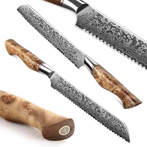 Miniatura 2 de HEZHEN Cuchillo de pan dentado de 8.3 pulgadas, cuchillo de acero de Damasco, cuchillo de cocina de acero de alto carbono, mango de madera y caja de