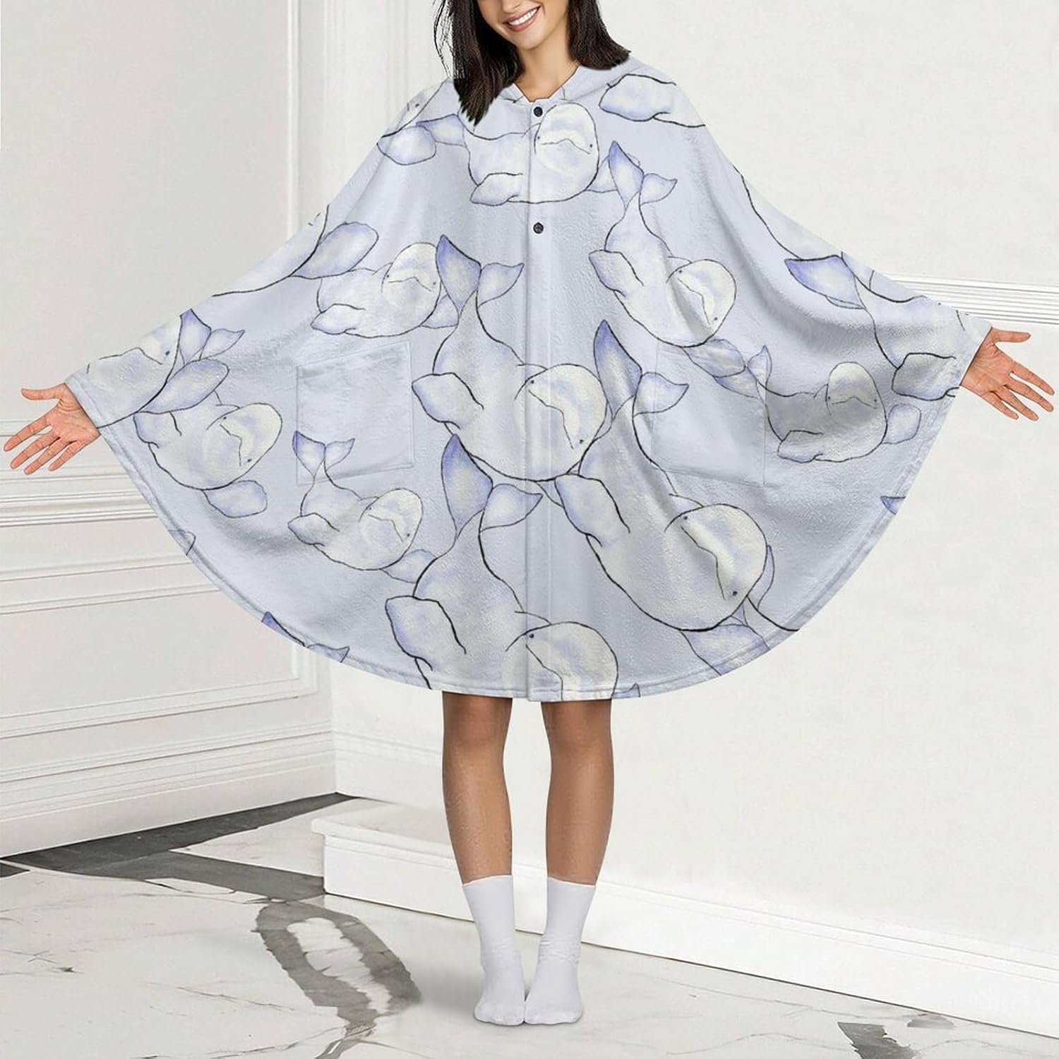 Beluga Wave Wearable Blanket with Hooded Flannel Blankets Cape with Pocket