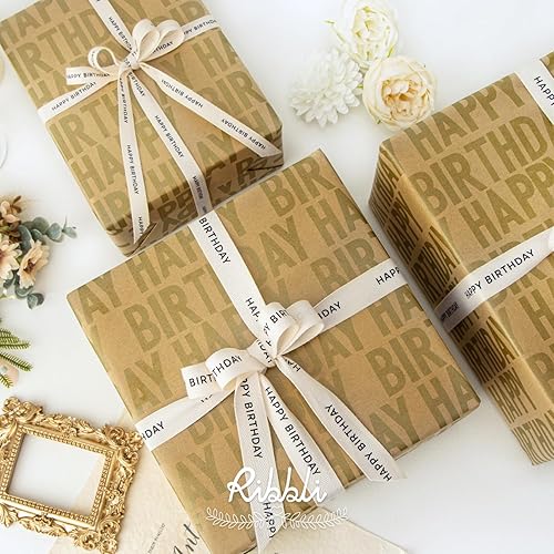 Miniatura 2 de Ribbli Cinta de algodón para cumpleaños, cinta de sarga natural de algodón con texto en inglés Happy Birthday color negro, cinta estilo granja, para