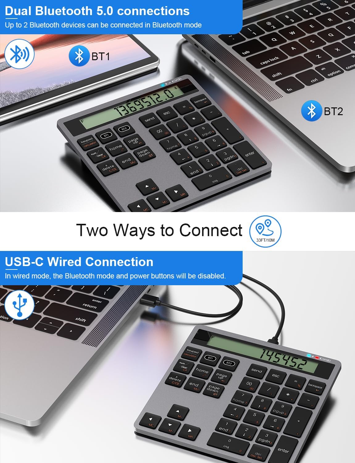 Rechargeable Bluetooth Number Pad with Display Calculator - 2-IN-1 Wireless & Wired Number Pad Slim 34-Key Portable Accounting Bluetooth Keypad Data Entry & Calculation 2in1 for Laptop MacBook PC