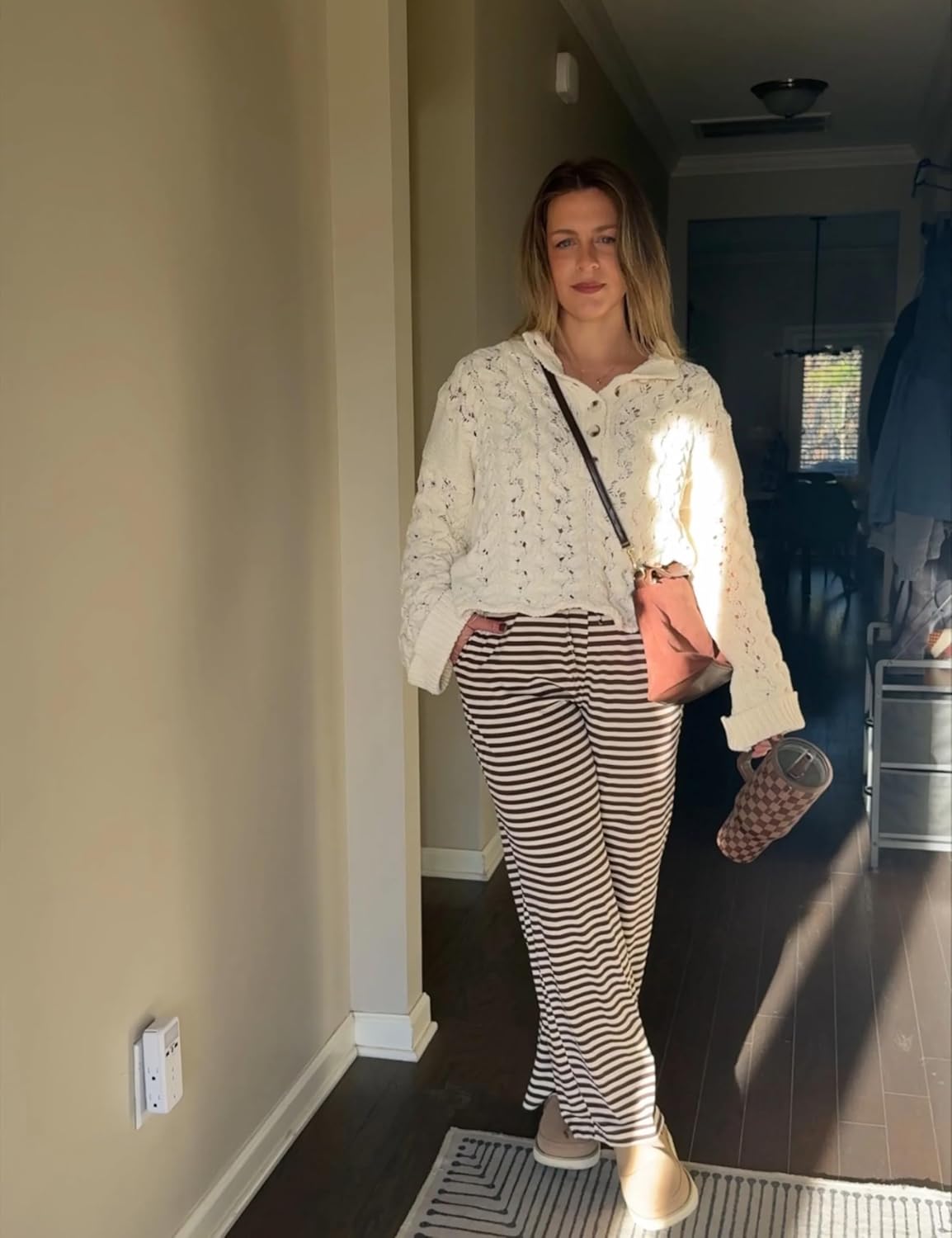 Women's Cable Knit Sweater Long Sleeve Crewneck Casual Cropped Pullover Sweaters Boho Half Button Down Tops - Image 4