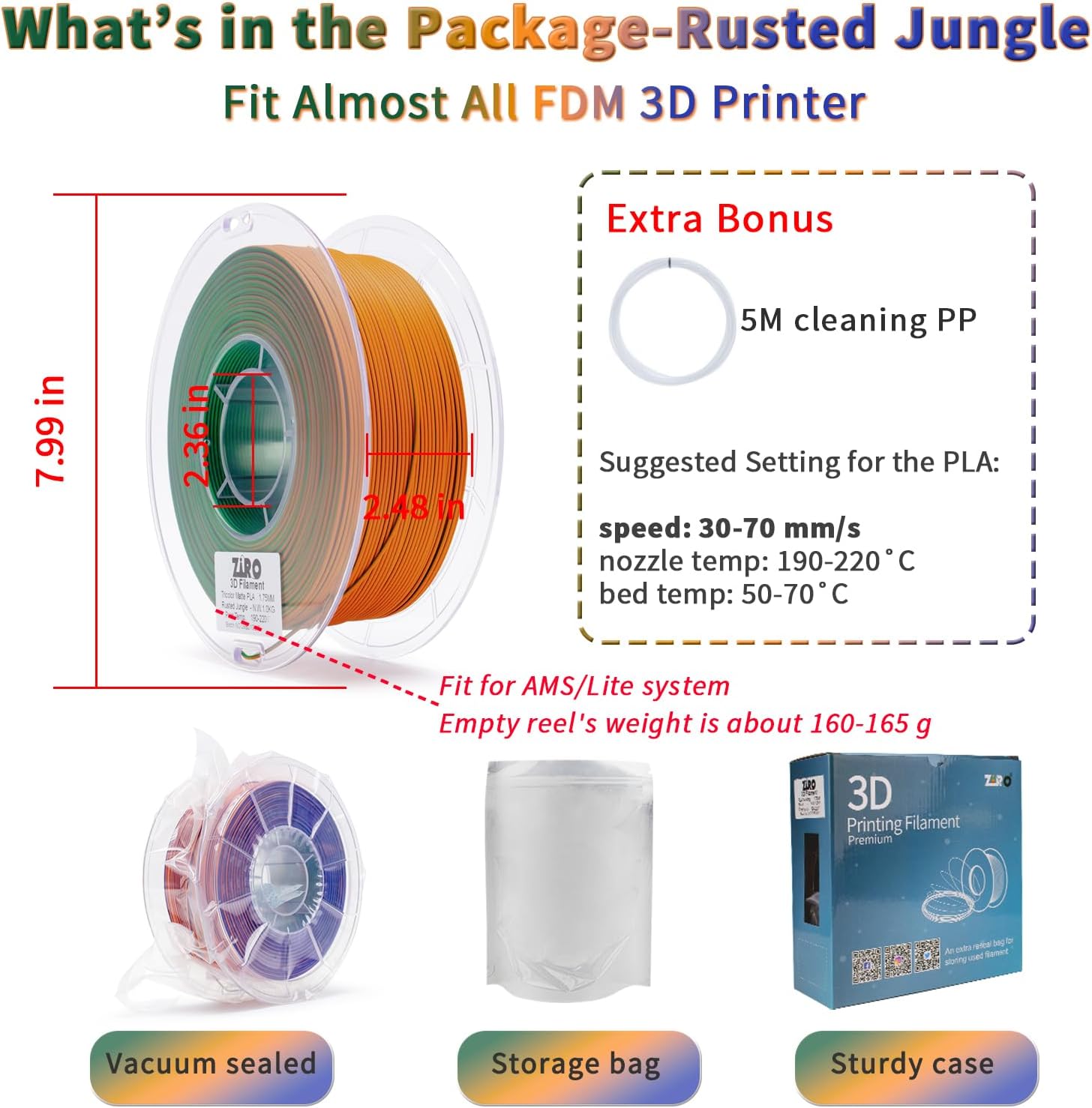 ZIRO Matte Tri-Colors PLA Filament, Magic Color Change Filament 1.75mm, Color Change by Angle 3D Printer Filament, Dimensional Accuracy +/-0.03mm, Fit Most 3D Printer, Matte 1KG Spool, Rusted Jungle