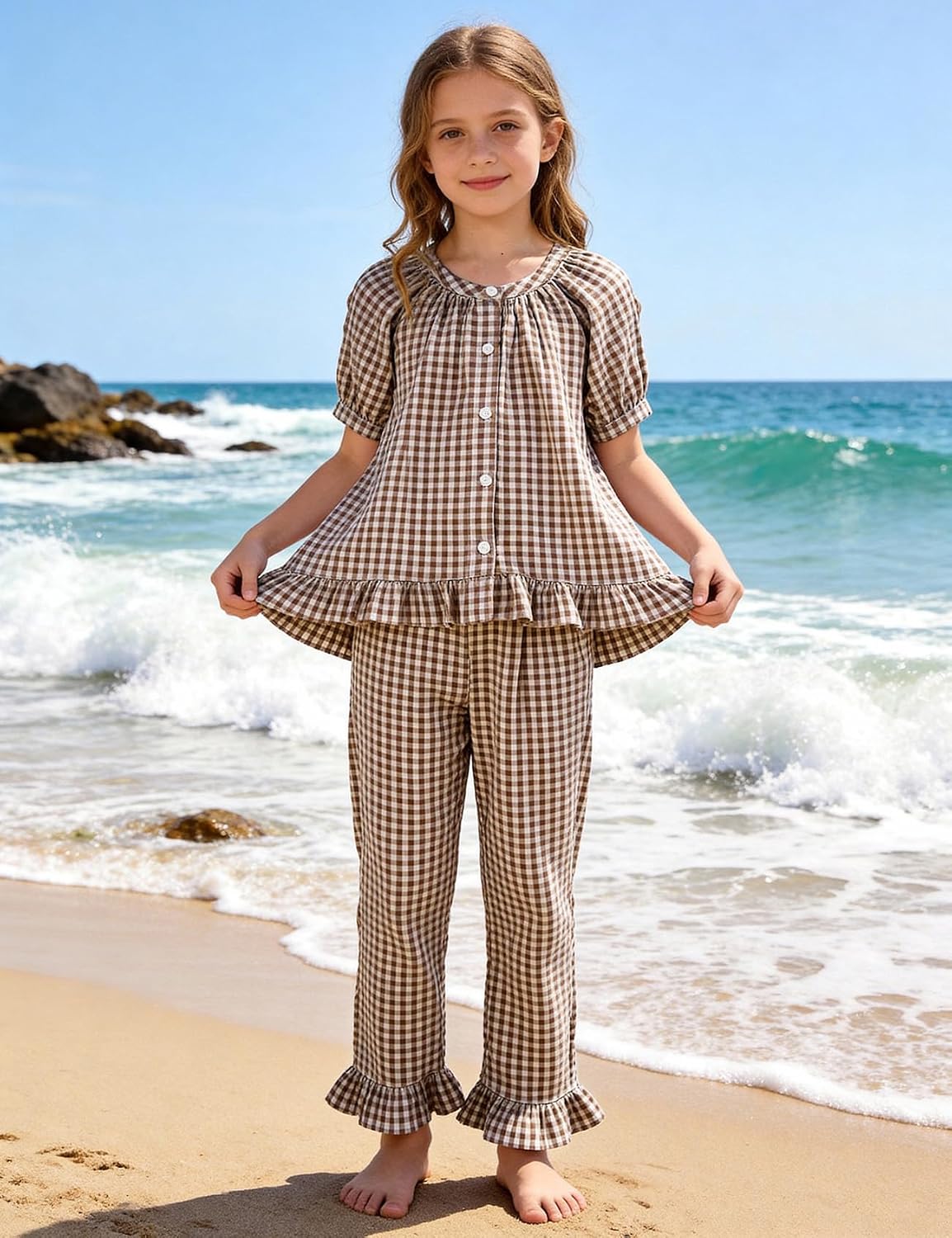 Girls Plaid 2 Piece Outfits Cotton Short Sleeve Ruffle Peplum Shirt Gingham Pants Clothing Set