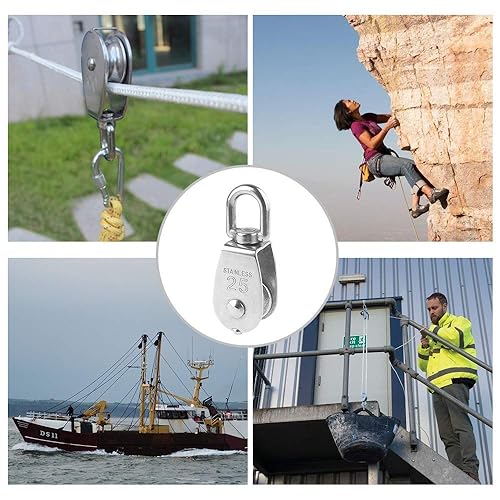 Miniatura 6 de Rocaris Paquete de 6 rodillos de polea individual de elevación M25 con carga de 330 libras, acero inoxidable 304 resistente, cuerda de elevación