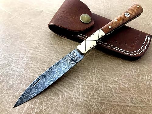 Miniatura 1 de Cuchillo plegable de acero Damasco con funda de cuero, cuchillo de bolsillo de 8 pulgadas de largo con hoja de acero Damasco de 3.5 pulgadas de