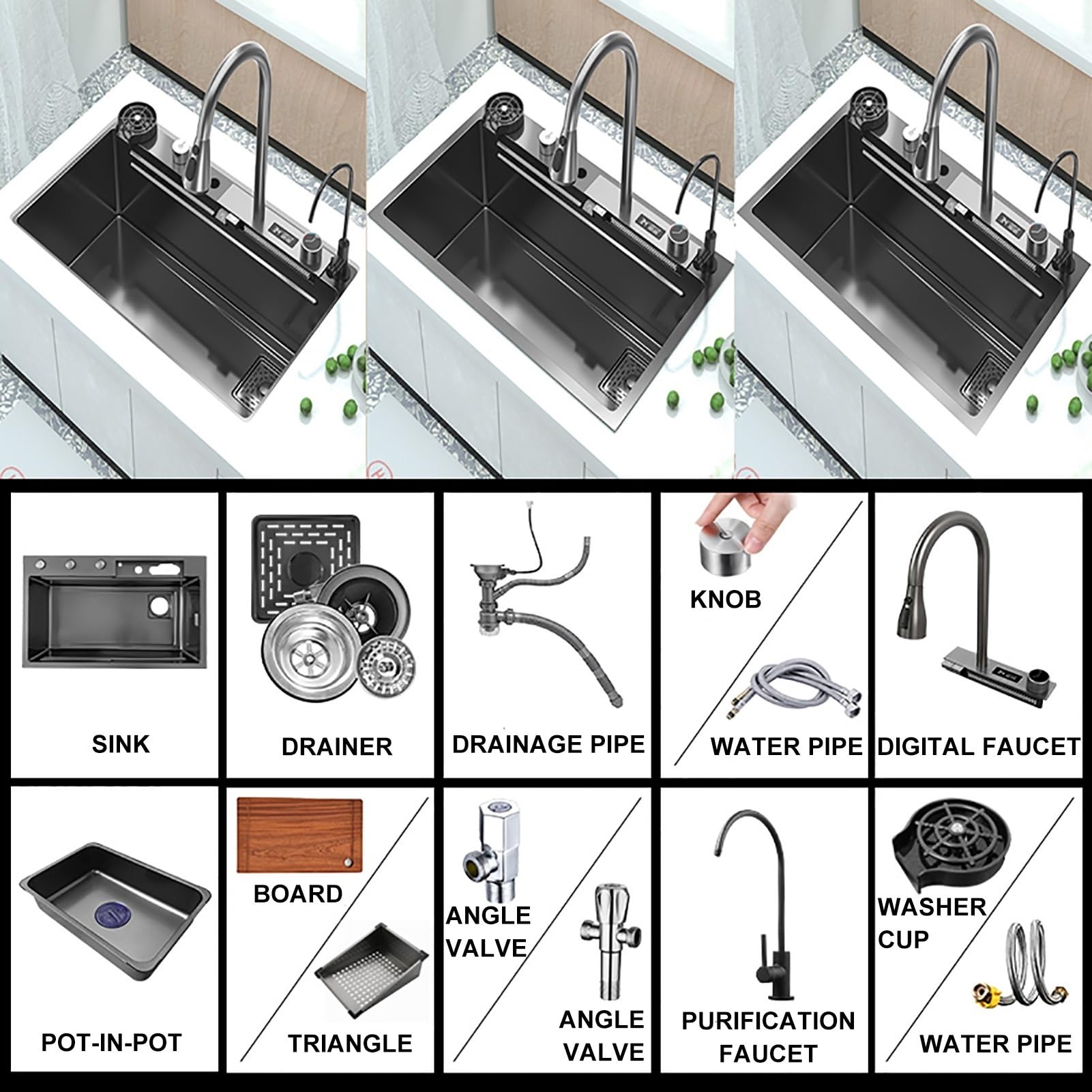 Nano Waterfall Sink Zlewozmywak kuchenny ze stali nierdzewnej 304, domowy, do warzyw, pojedynczy, zlew barowy, z wyciąganym kranem, myjka do kubków, kolor: A; wymiary: 75 x 46 cm