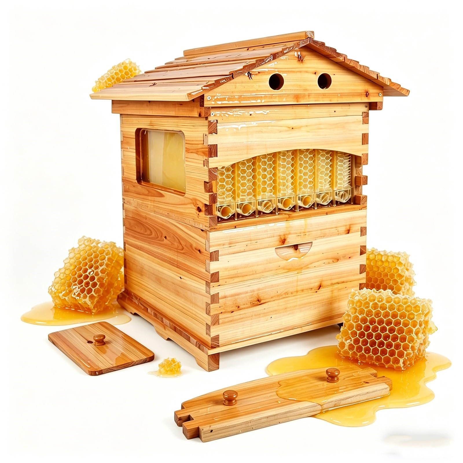 Kit Di Avvio Completo Per Apicoltura, Arnia In Legno Di Abete Naturale Flusso Auto Finestra Osservazione 4 Telaini Flusso 6 Telaini Covata Struttura Robusta Per L'apicoltura Da Balcone