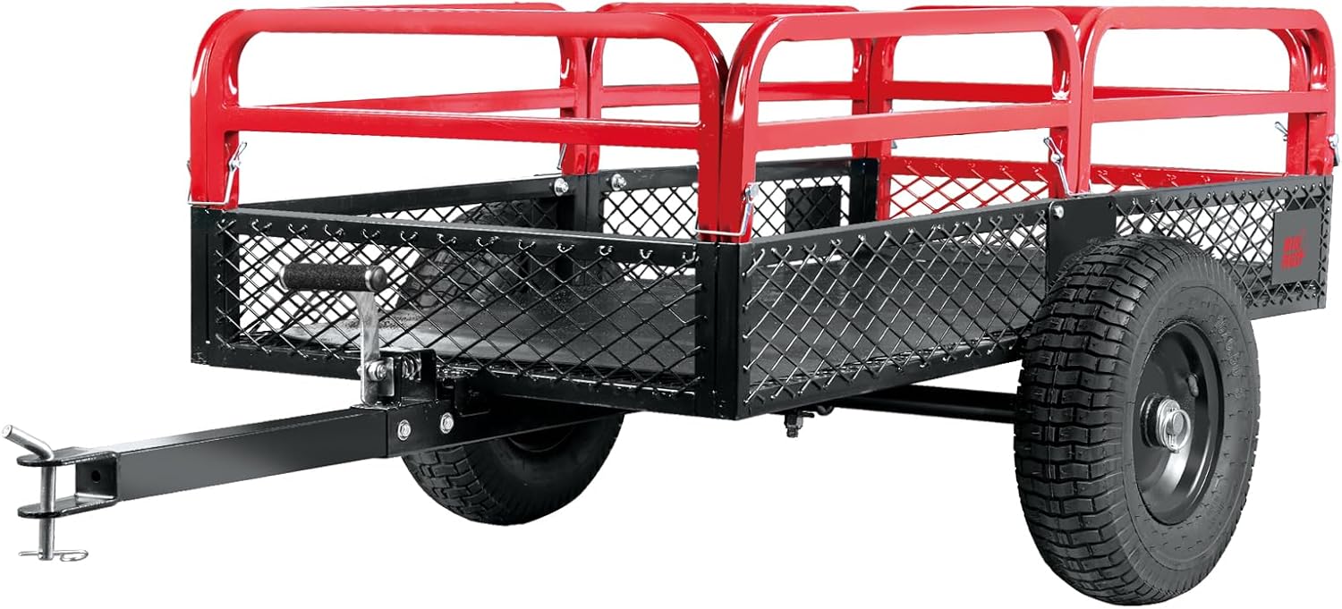 BIG RED Heavy Duty ATV Trailer Steel Dump Cart: Yard Garden Trailer for Lawn Mower, Tractor, Garden Waste – 1,500lbs, 15 cu.ft Capacity