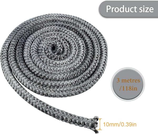 SIGANDG 3 Metri 10mm Guarnizione per Porta Stufa,Fibra di Vetro Corda Ignifuga per Stufa,Guarnizione Camino, Corda per Sportello Stufa Pellet Termocamino,Forno,Caldaia - 2