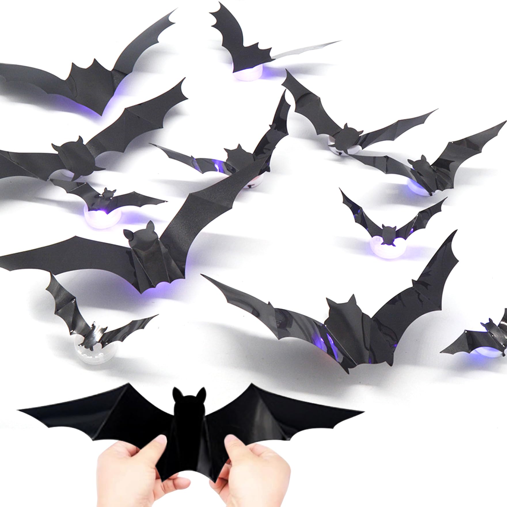 Comebachome 24 PCS LED Bat Decor 3D Wall Stickers, Halloween Bats Decoration 5 Sizes Night Light for Home