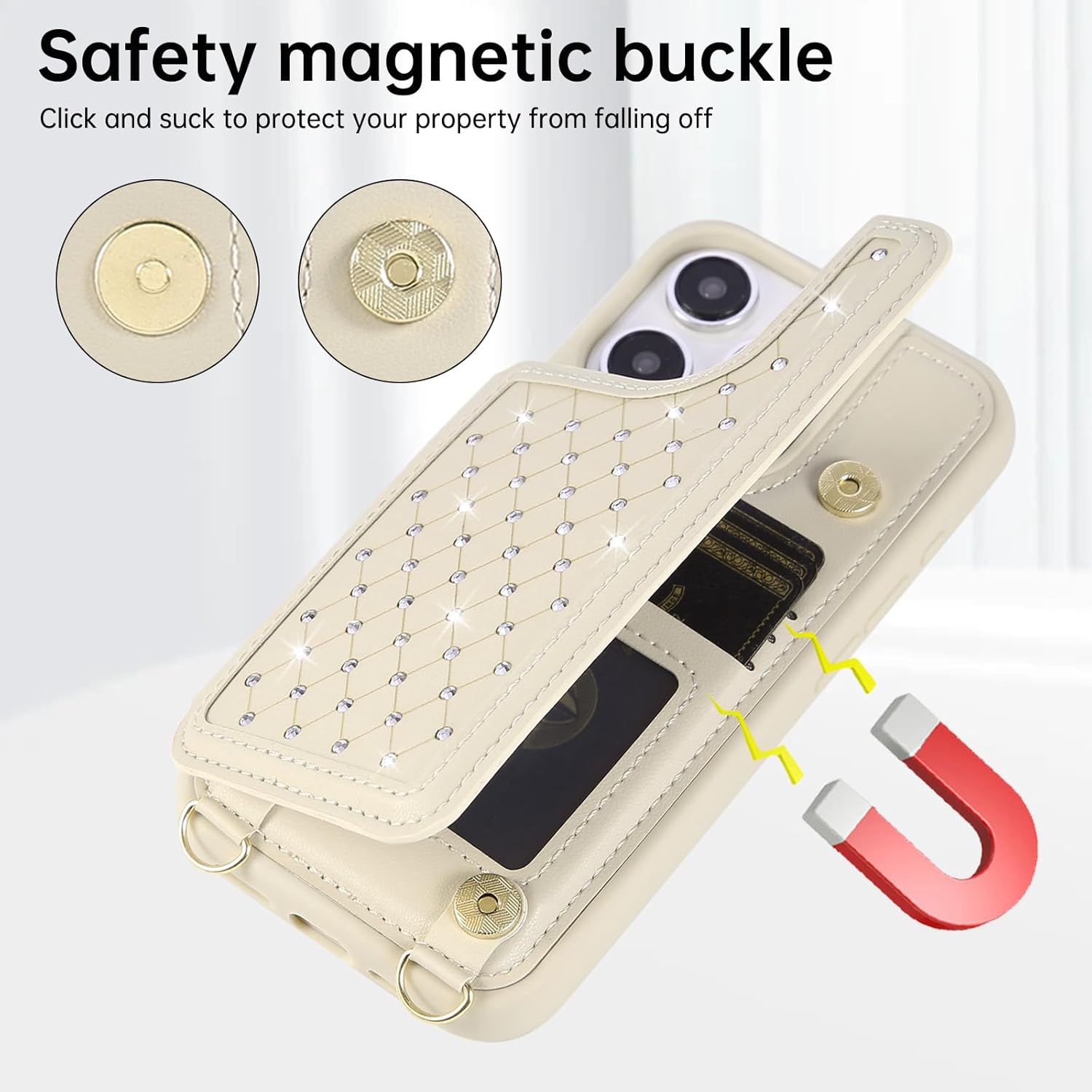 for iPhone 14 Pro Max Wallet Case with Card Holder Slots and Strap, RFID Blocking Magnetic Flip Folio Cover, Crossbody Purse Protection Case with Kickstand,Beige Diamond - Image 7