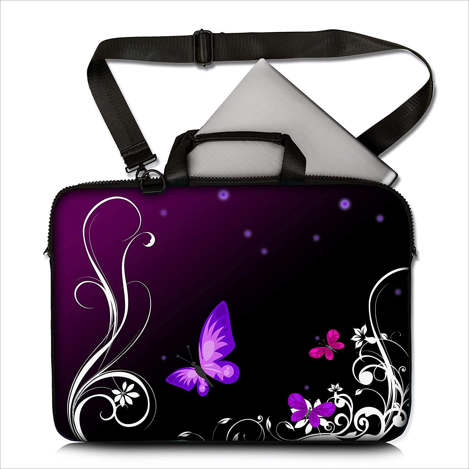 Sidorenko Sacoche Ordinateur 17 Pouces Femme, Housse PC Portable 17.3 Pouces avec Bandoulière et Poignée - Sac Ordinateur Rembourrée à Poche Avant Zippée - Motif Papillon Fleuri Rose et Noir