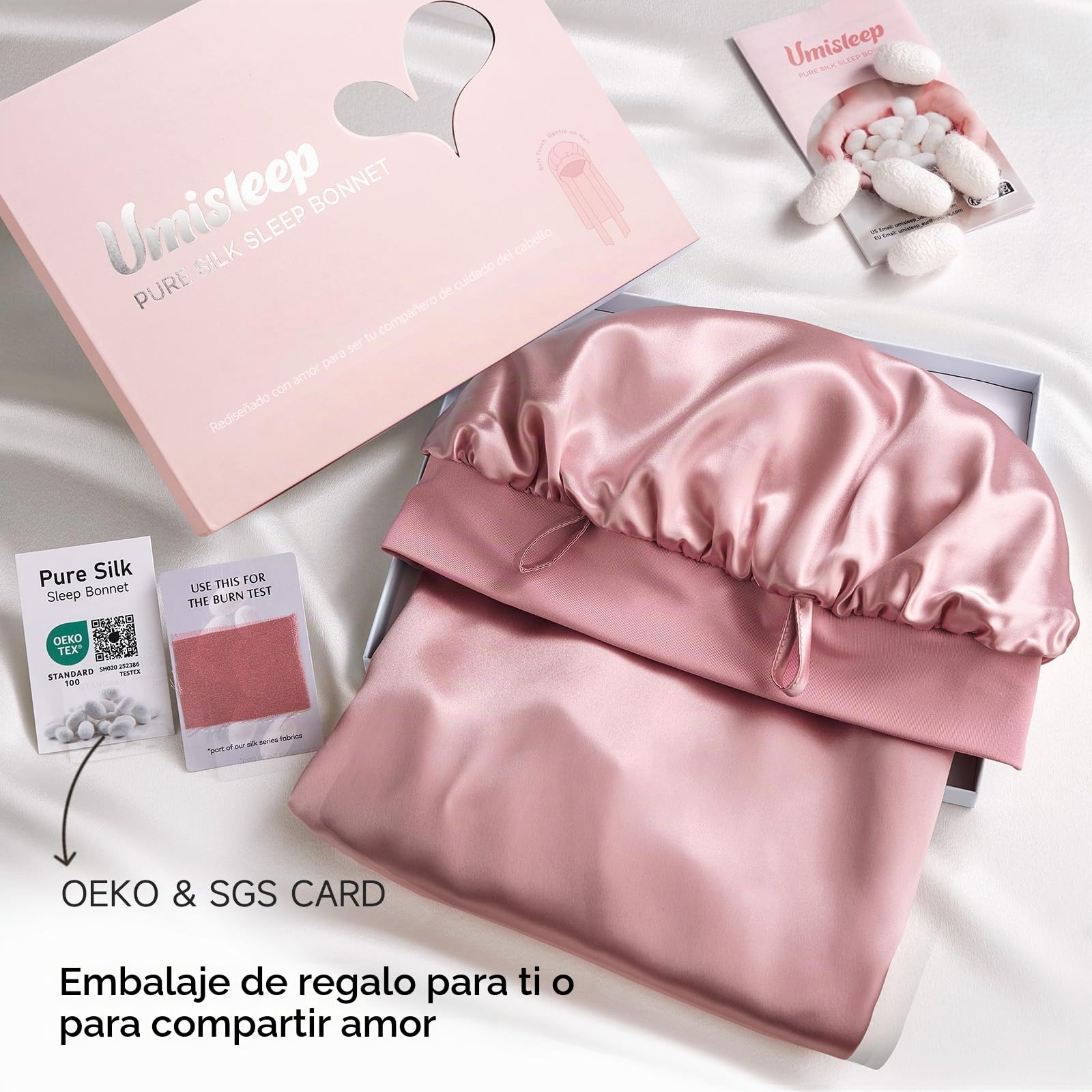 Umisleep 22 Momme 100% Seda de Morera, Gorro de Dormir de Doble Cara, Suave Gorro de Noche para Cabello voluminoso, Transpirable, Banda Ancha Ajustable